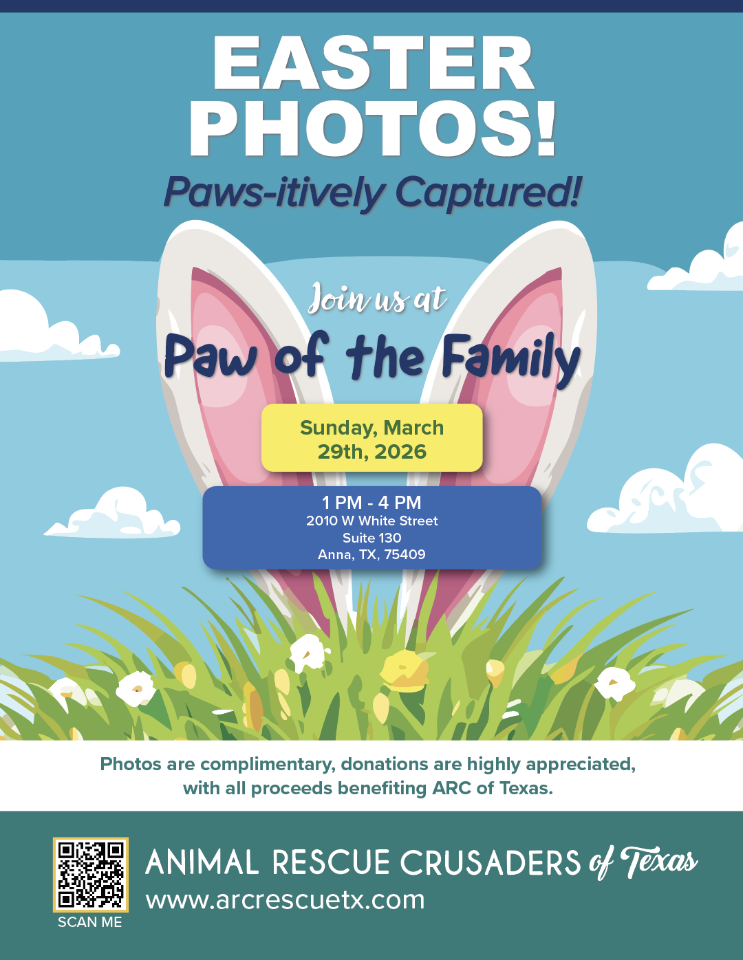       
  
    Easter Photos!  Paws-itively Captured!  Join us at PAW OF THE FAMILY  Sunday, March 29th, 2026 1 PM - 4 PM  2010 W White Street Suite 130  Anna, TX, 75409  Photos are complimentary, donations are highly appreciated, with all proceeds