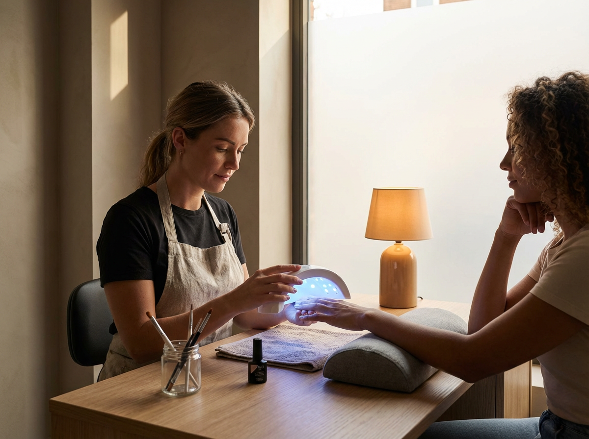 Nail technician applying gel polish to a client's nails using a UV lamp in a salon.