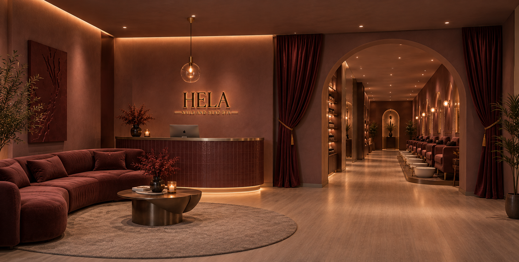 Elegant spa reception area with a curved velvet sofa, a round coffee table with candles and flowers, a reception desk with a computer, and a hallway leading to nail stations with massage chairs, soft lighting, and decorative plants.