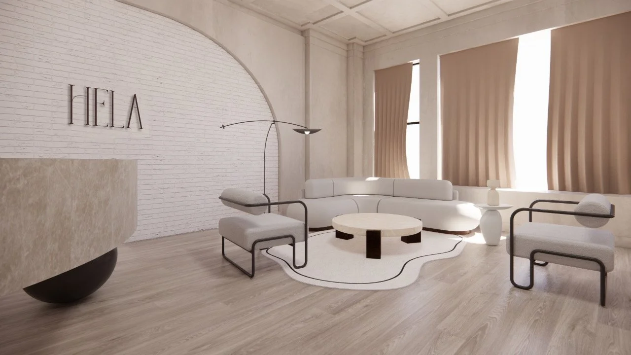 Minimalist living room with white curved sofa, two armchairs, a round coffee table, beige curtains, and a sign that says 'HELA' on a white brick wall.