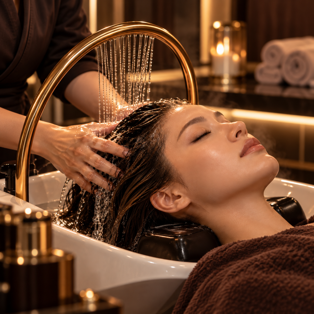 A woman receives a scalp massage with shampoo at a spa, lying with her eyes closed while water cascades from a gold shower fixture over her head.
