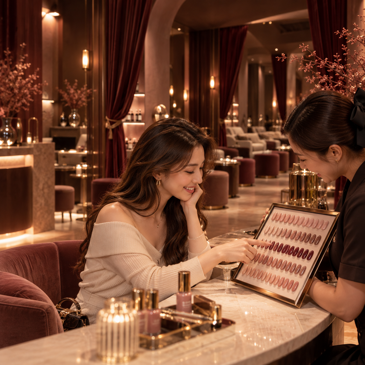 A woman gets her nail color chosen by a manicurist in a luxurious salon with warm lighting, floral decor, and plush seating.