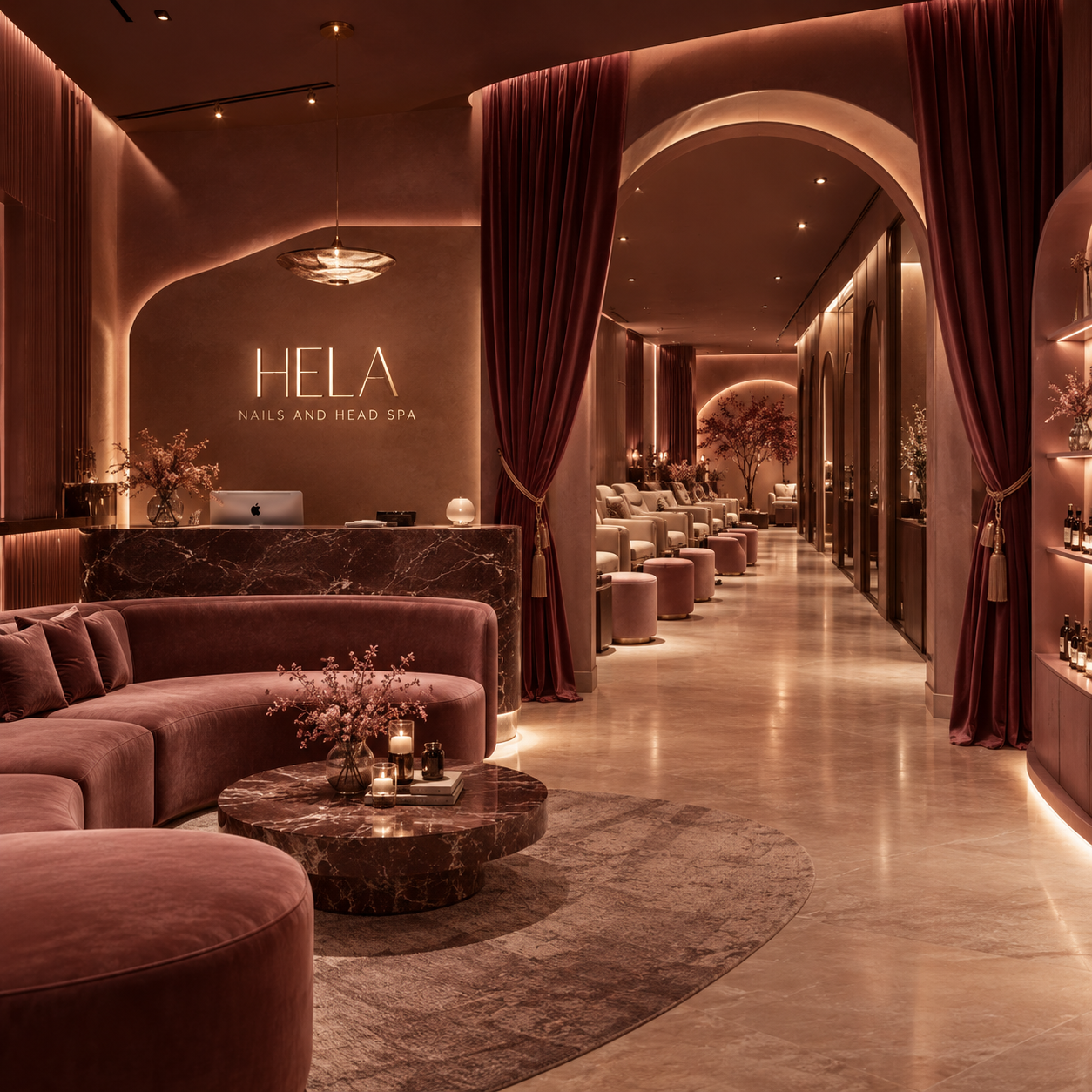 Elegant nail and head spa reception area with soft pink and beige tones, velvet seating, purple curtains, and ambient lighting.