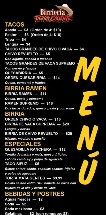 Menu with sections for tacos, Birria, specials, and drinks. Prices range from $2 to $20.
