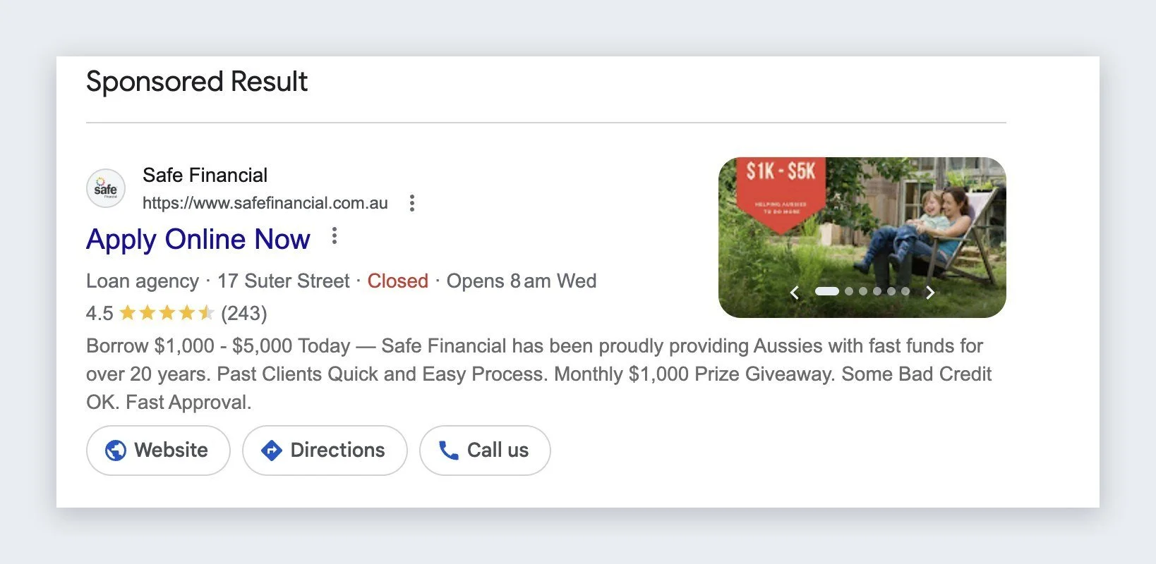 SAFE Financial Google search ad
