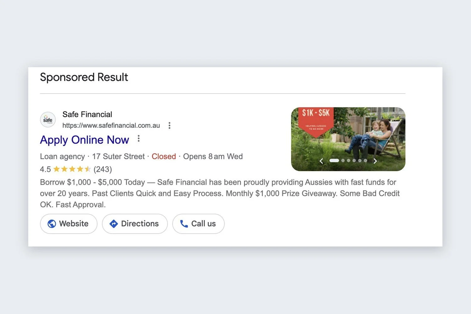 SAFE Financial Google search ad