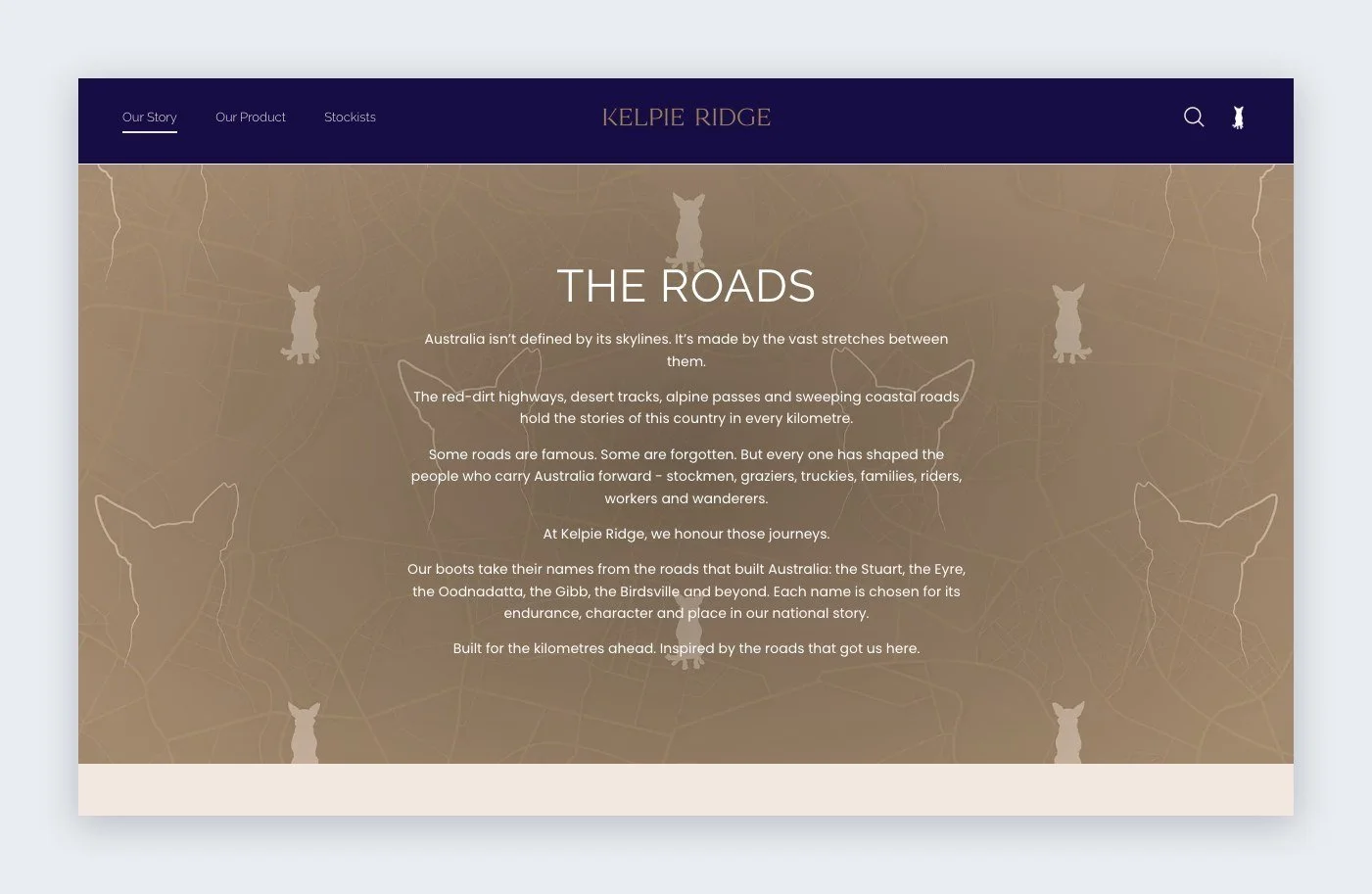 The Roads page on the Kelpie Ridge Shopify store