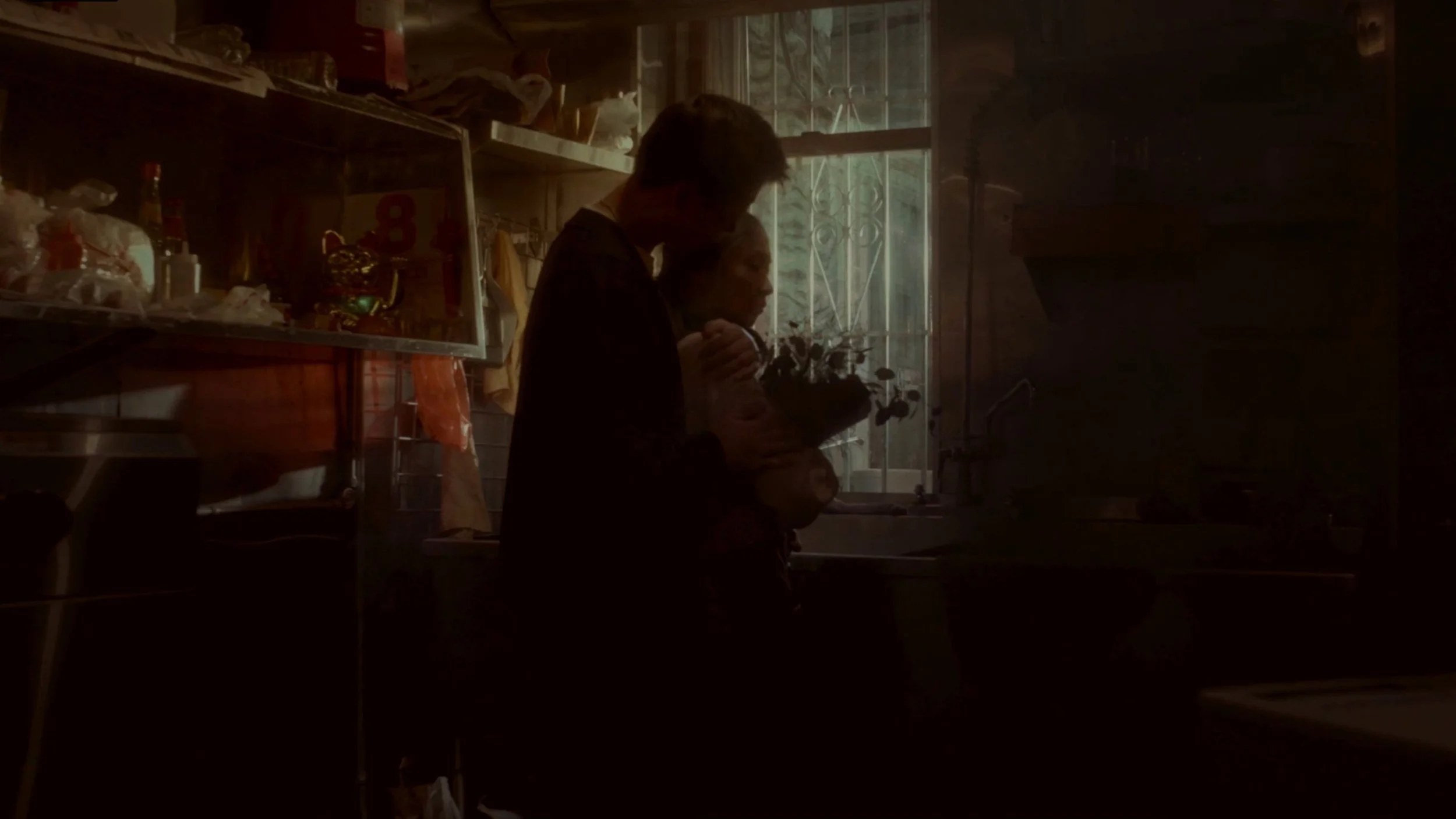 Two people standing close together in a dimly lit kitchen, with shelves and a window in the background.