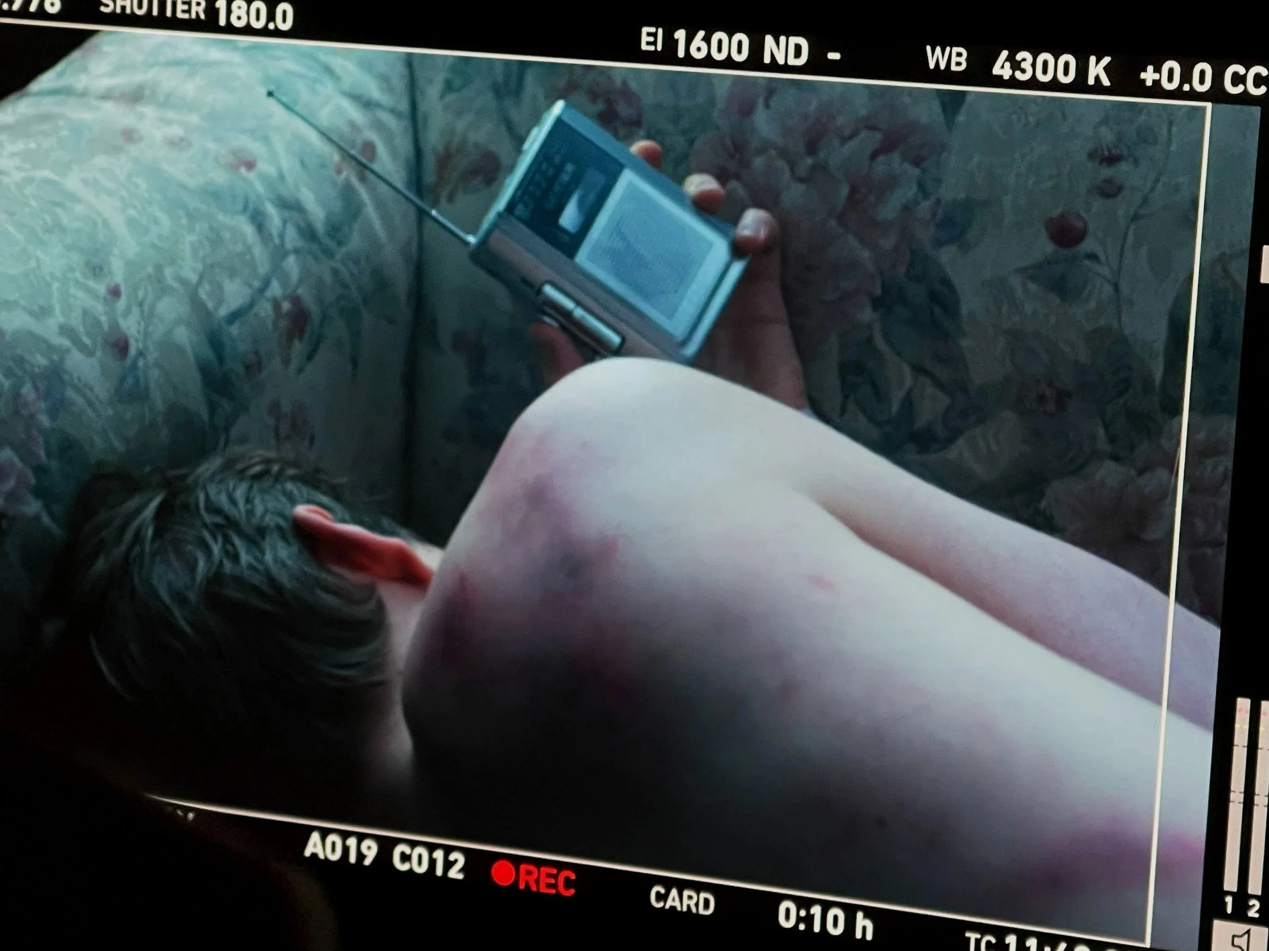 A camera viewfinder display showing a person's hand holding a cell phone over a floral-patterned surface. The display has technical camera settings at the top including shutter speed, ISO, white balance, and color temperature. There is a recording indicator at the bottom.