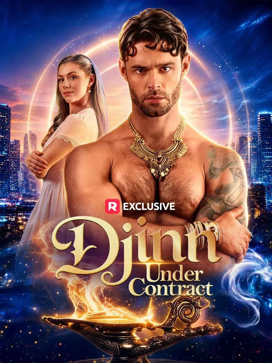 Promotional poster for the movie 'Dijjim Under Contract' featuring a muscular man with jewelry and tattoo, a woman in a white dress, and a cityscape background with glowing effects.