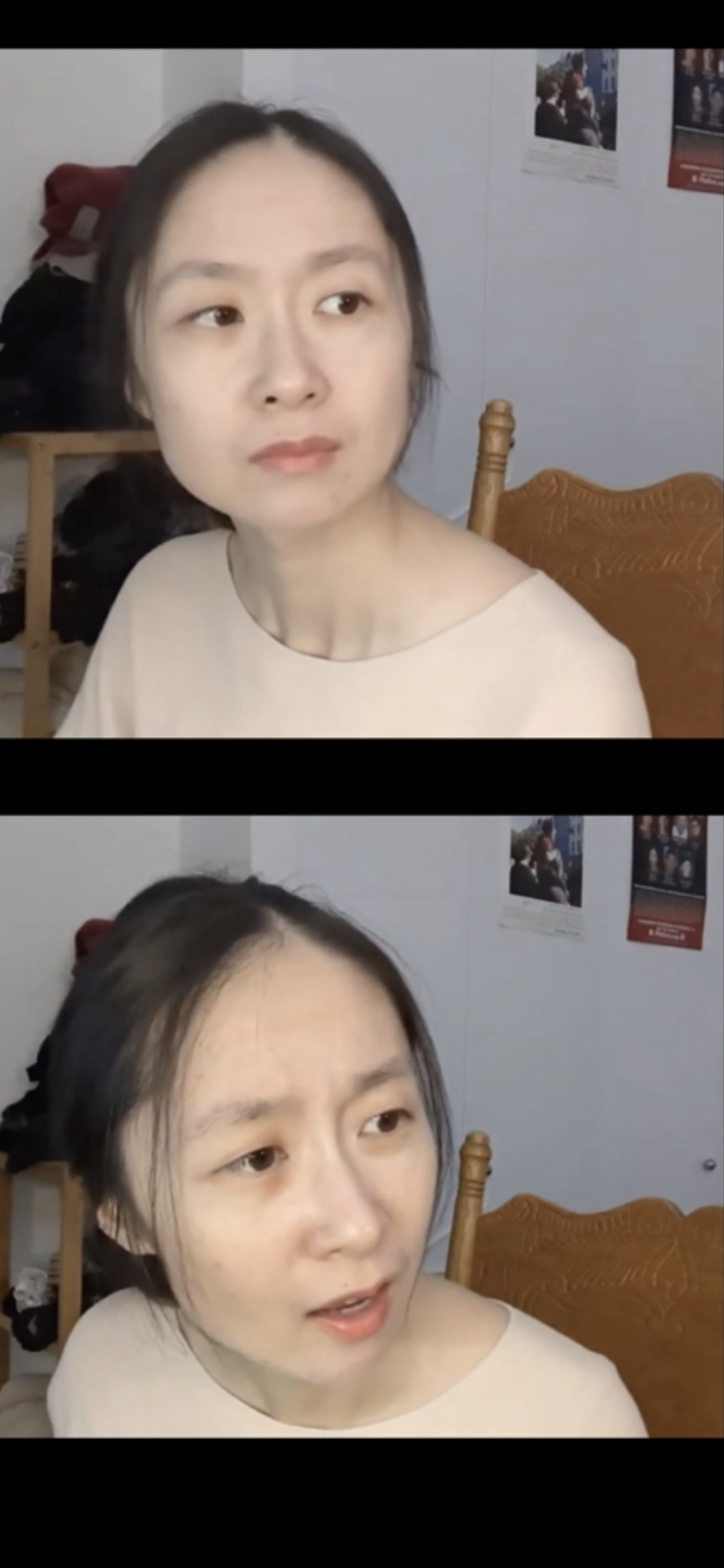 A woman with dark hair and light skin appears in two images, sitting on a wooden chair with a decorative backrest. The background includes posters on the wall and a wooden shelf with some items. In the first image, she has a neutral expression, and in the second, she is speaking and looking slightly to her left.