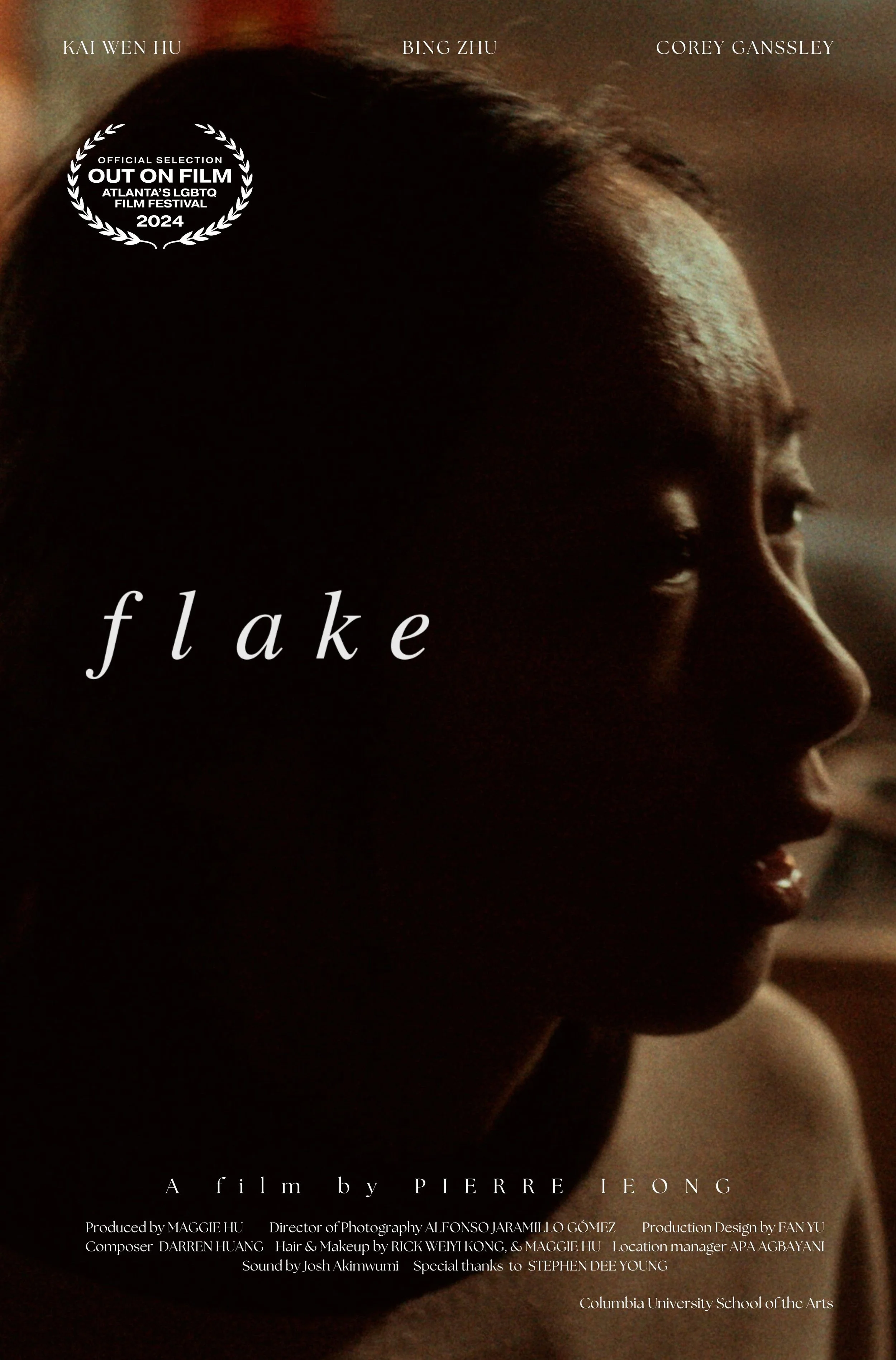 Close-up of a woman's face in profile with soft lighting, titled 'Fake' and credits for a film by Pierre Ieong.