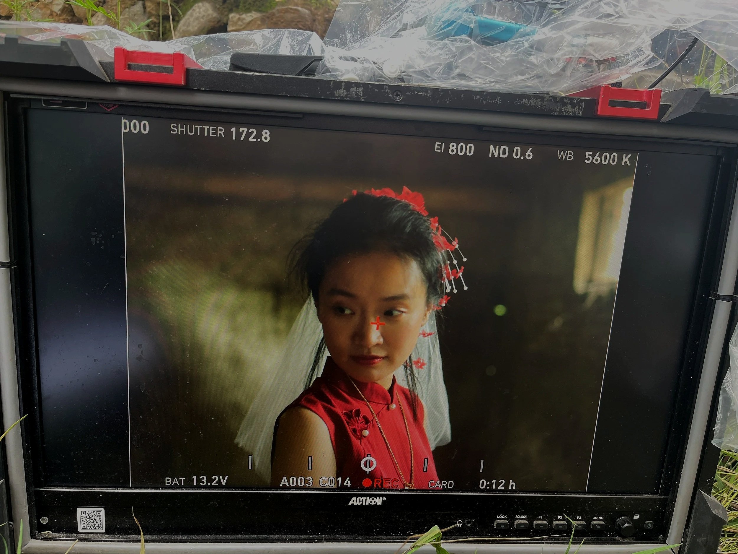A camera screen displaying a young girl with a red dress, and traditional floral jewelry, with a red flower adornment in her hair, standing outdoors.