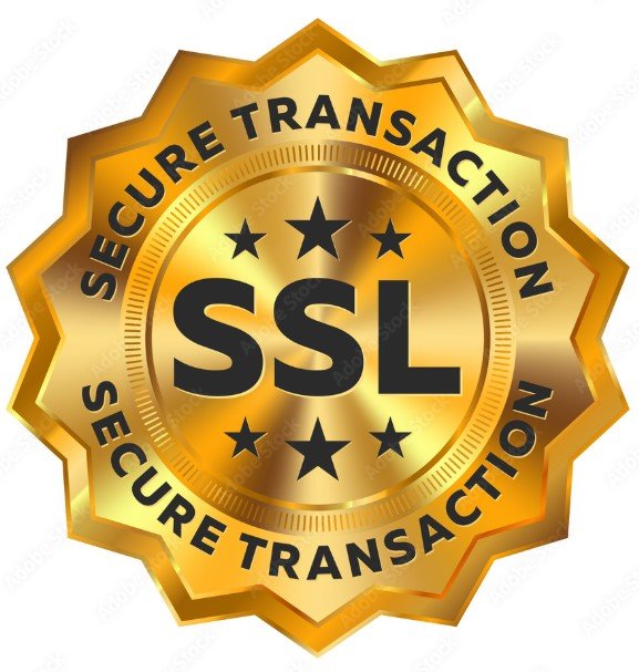 Gold SSL security badge with stars and “Secure Transaction” text