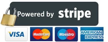 Powered by Stripe payment banner with Visa, Mastercard, Maestro, and American Express logos