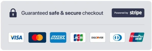 Safe and secure checkout banner powered by Stripe with Visa, Mastercard, American Express, JCB, Discover, Diners Club, and UnionPay logos