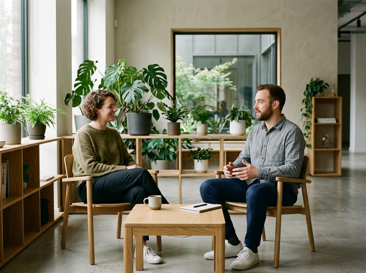 A man and woman sitting in chairs having a conversation in a room with large plants and natural light.