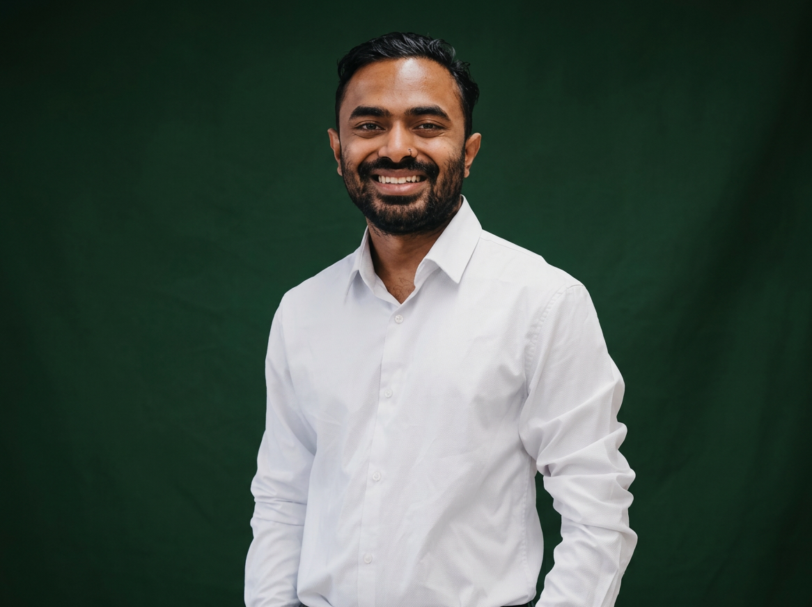 A smiling man with dark hair and a beard, wearing a white button-up shirt, standing against a green background.