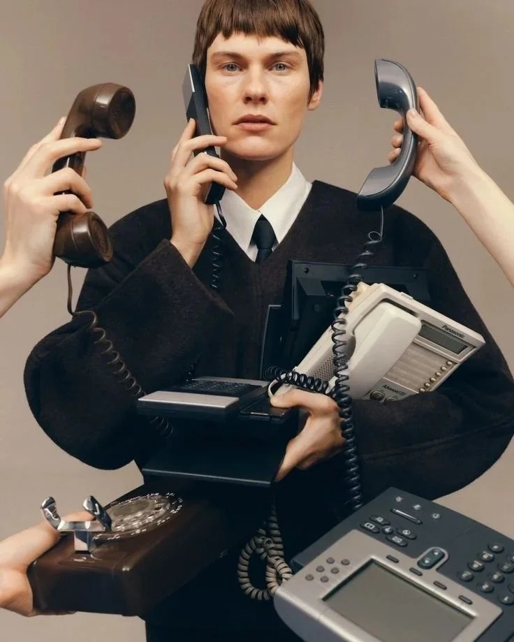 A man with short brown hair dressed in a black sweater and white shirt holds multiple phones and phones in his hands, with other telecommunication devices around him.