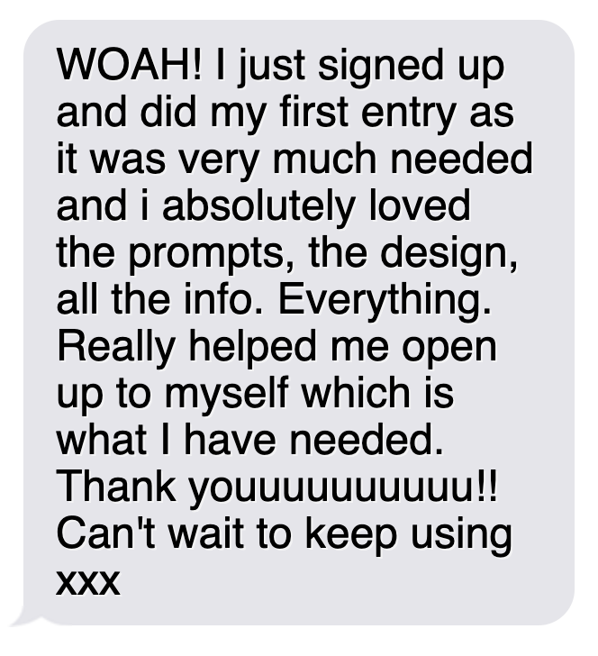 Screenshot of a text message praising a product or service for being helpful, well-designed, and informative, with excitement and gratitude expressed.