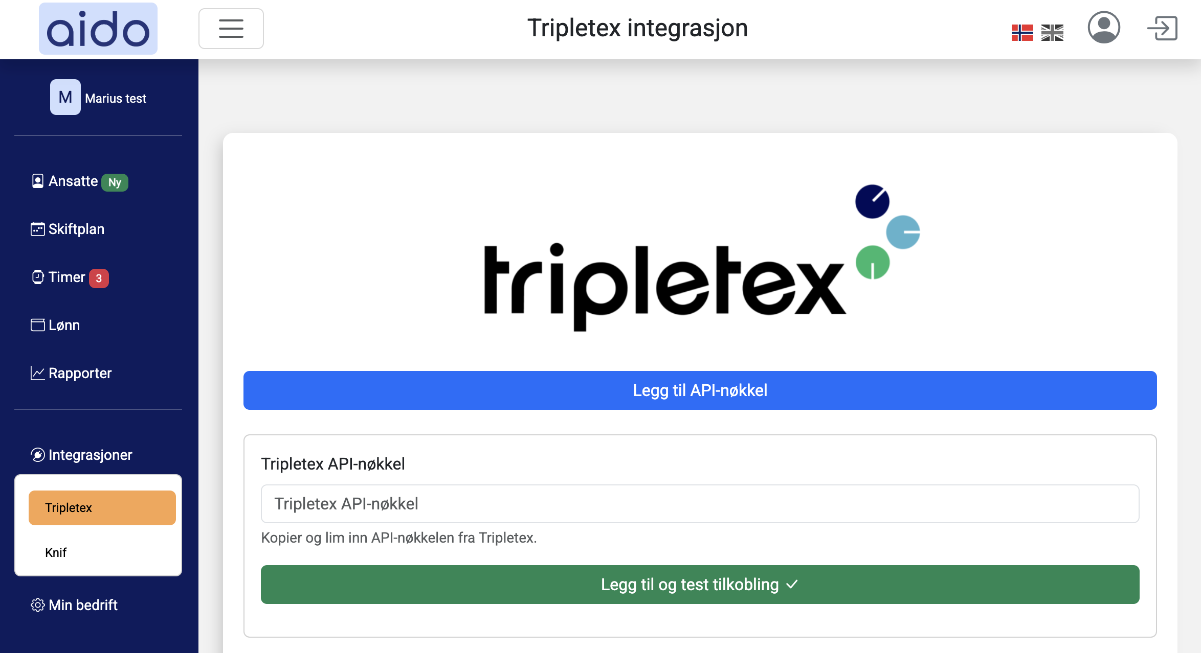 Tripletex-integrasjonen i Aido med felt for API-nøkkel og knapp for å teste tilkoblingen.