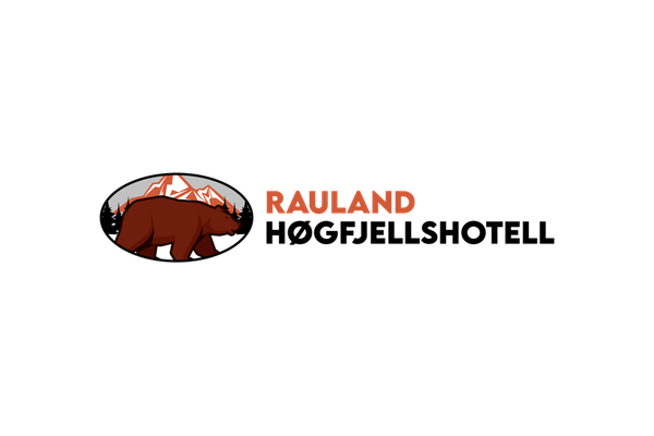 Logo for Rauland Nord-Gjell fiske klubb med bilde av en bjørn og fjell i bakgrunnen.
