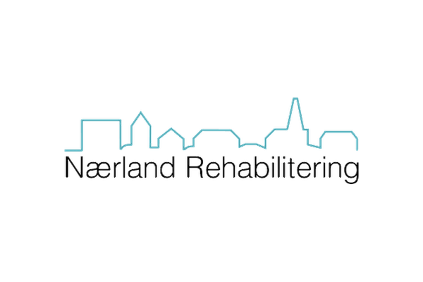 En bylinje med kontur av Oslo bys skyline i lyseblått og teksten «Vegenland Rehabilitering».