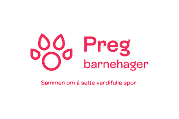 Logo for Preg barnehager med et rosa hundepoteavtrykk og tekst 'Preg barnehager' og 'Sammen om eneståendeverdifulle spor'.
