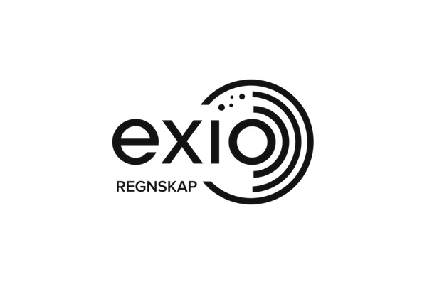 Logg som viser et design med ordet 'exio' og 'REGNSKAP' under, med grafiske sirkler og prikker.