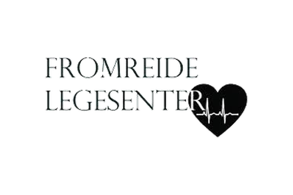 Tekst som sier 'FremReide Legesenter' med en svart hjerte-silhuett med et EKG-hjerte inne i det.