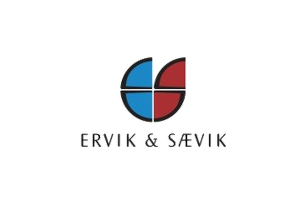 Logo for Ervik & Sævik, with a circular design in blue and red, and their name written underneath.