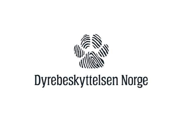 Logo med en hundepote laget av fingeravtrykk over teksten "Dyrebeskyttelsen Norge".