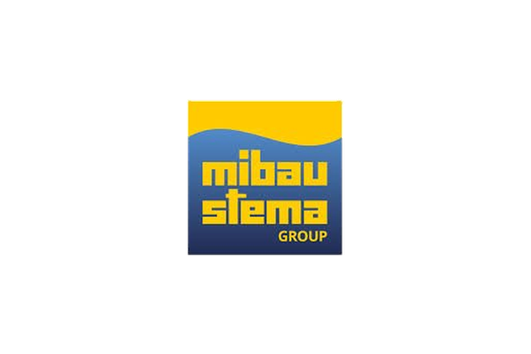 Logo for Mibau Stema Group med blått, gult og hvitt design.