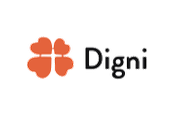 Digni logo med fire oransje hjerteformer og svart tekst.