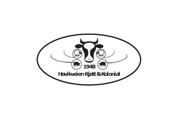 Logo med en ku og teksten "Hovikveen Kjøtt & Kolonial" med året 1948.