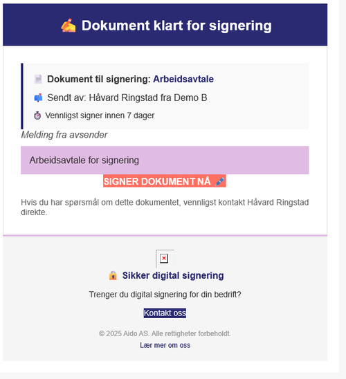 eksempel på dokument som ligger til signering