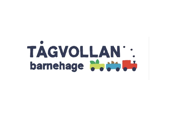 Logo for Taggollan barnehage med lekne bokstaver og fargede tog.