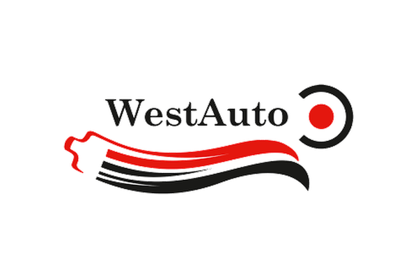 Logo for WestAuto med en bils sylinderrør og et rødt trykk-knapp ikon.