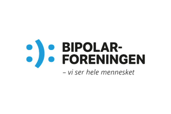 Logo for Bipolarforeningen med en blå smiley og teksten "Bipolarforeningen = livets beste mestring".