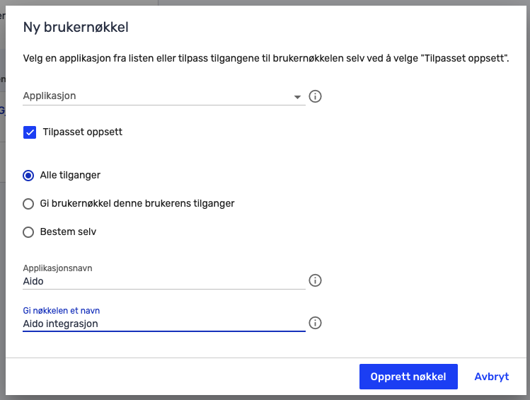 Oppsett av API-brukernøkkel for Aido i Tripletex.