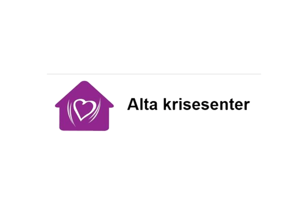 Logo med en lilla hus-illustrasjon med hjertet inne, og teksten "Allta Krisesenter" ved siden av.