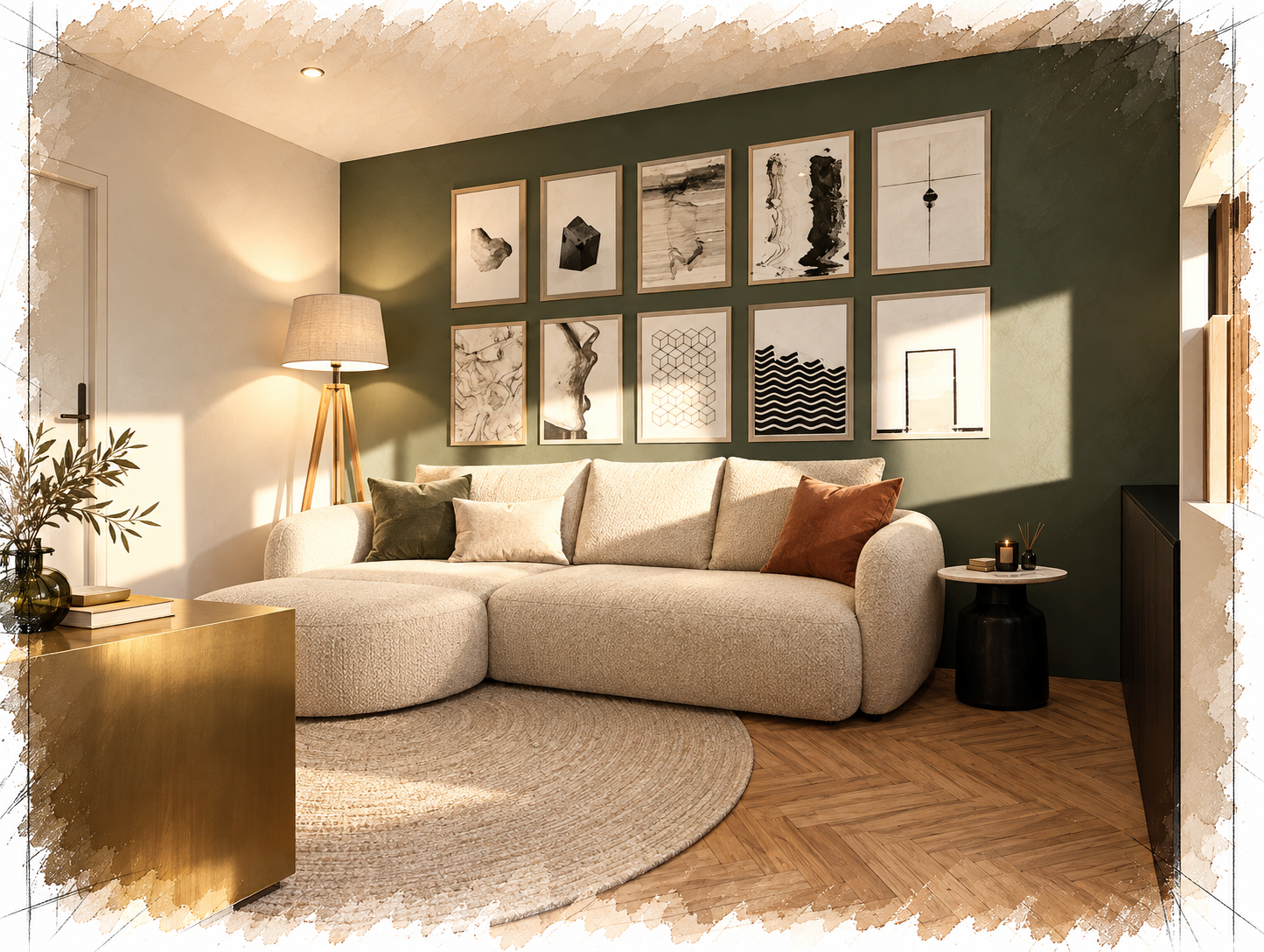 Salon avec canapé beige, tableau noir et blanc muraux, lampe sur pied, table d'appoint noire et blanc, plantes et décoration, parquet en bois, ambiance chaleureuse et moderne.