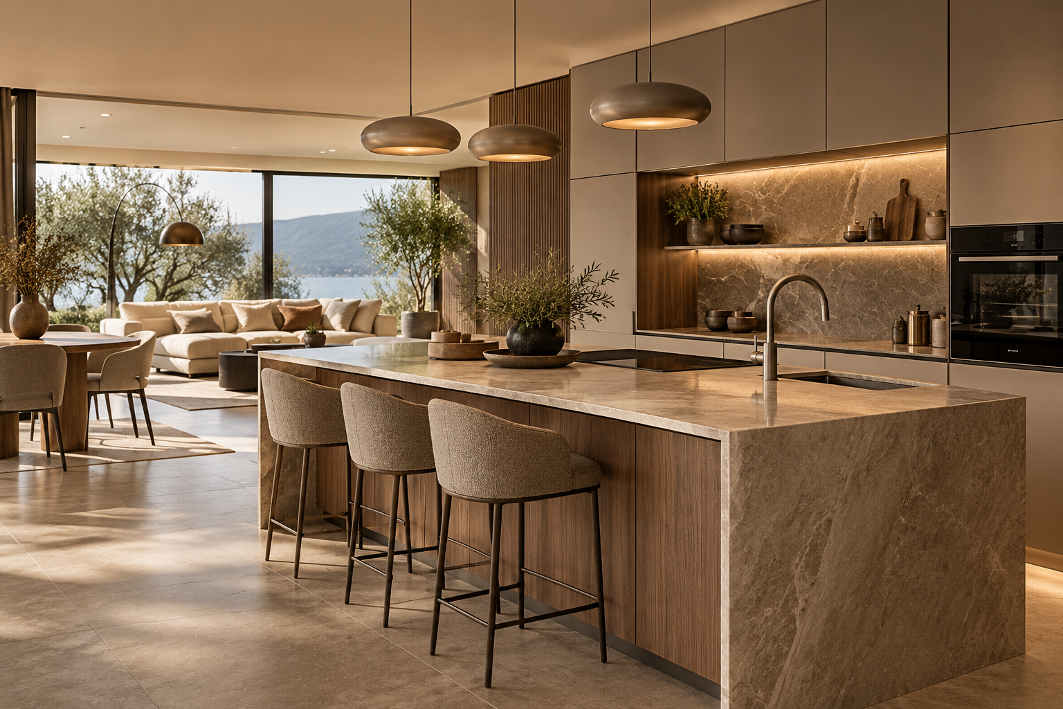 Cuisine moderne et élégante avec un grand îlot en pierre, des chaises en tissu beige, des plafonds avec trois lampes suspendues rondes, vue sur un salon avec un canapé beige et de grandes fenêtres offrant une vue sur un lac et des montagnes.