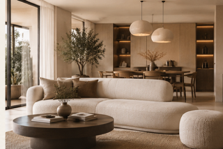Salon moderne avec canapé beige, table basse ronde, grande fenêtre avec vue sur l'extérieur, et décoration sobre.