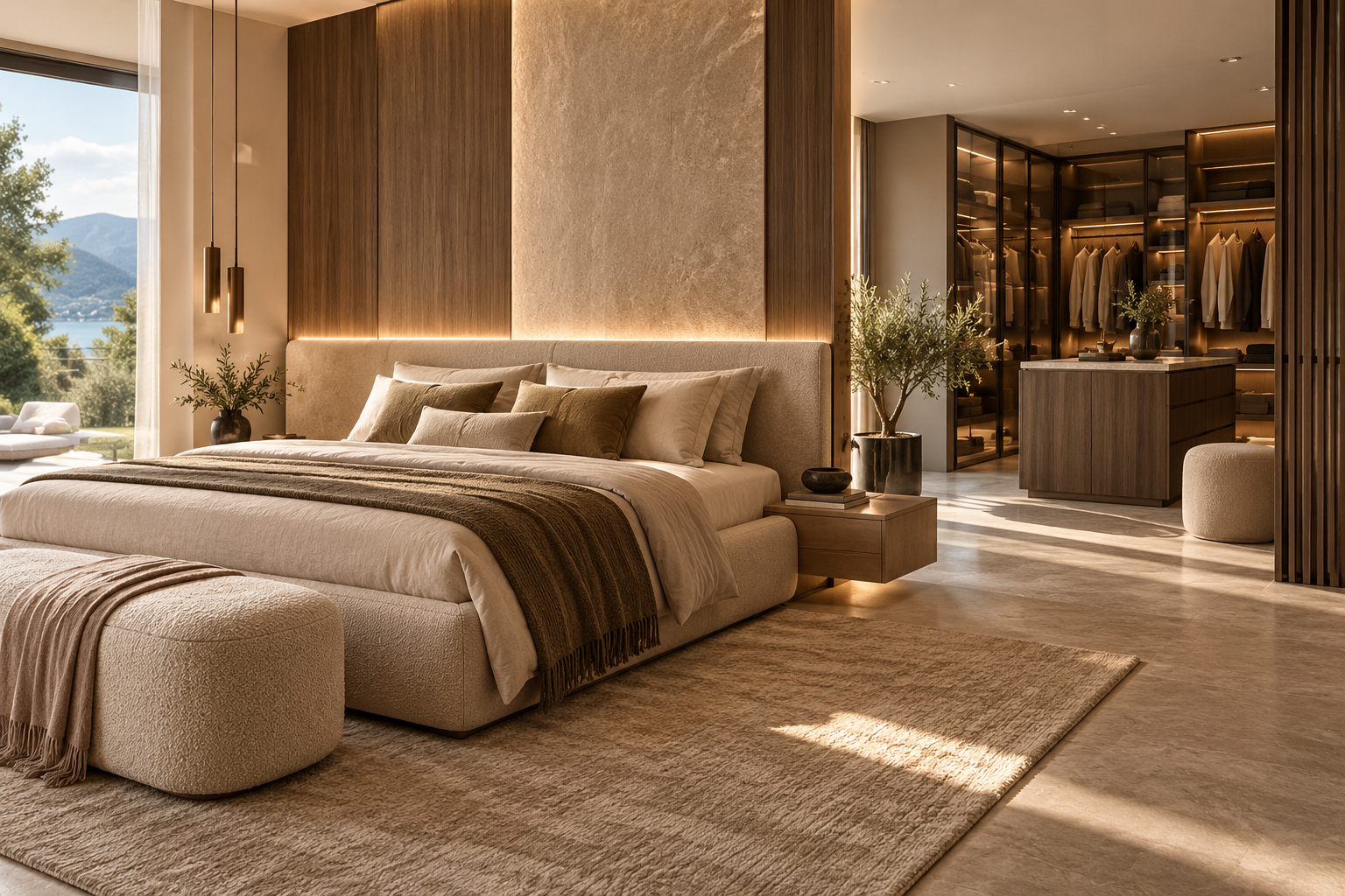 chambre moderne avec grand lit, éléments en bois, plante verte, armoires avec éclairage, vue sur la nature extérieure