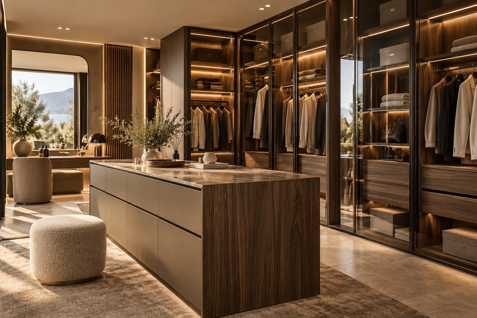 Un dressing moderne avec des armoires en bois et verre, des vêtements suspendus, des étagères avec des accessoires, un îlot central en bois clair, des vases avec des plantes, une grande fenêtre avec vue sur la nature, et une ambiance chaleureuse avec un éclairage doux.