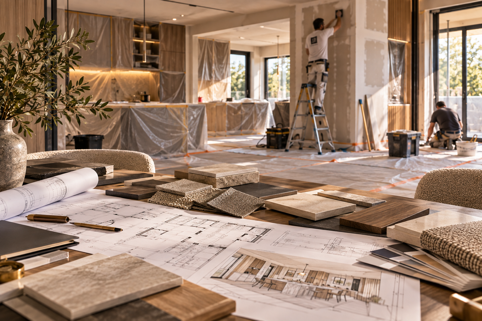 Intérieur d'une maison en rénovation avec des plans, échantillons de matériaux et deux ouvriers travaillant sur le mur.