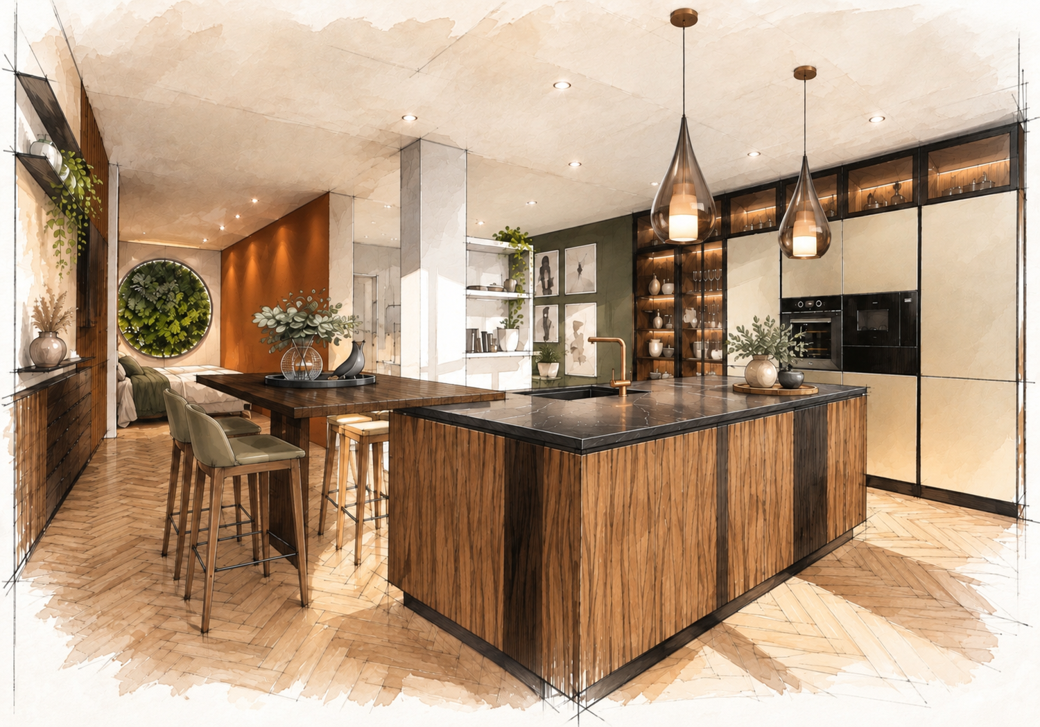 Cuisine moderne avec îlot en bois et comptoir en marbre noir, suspendus décoratifs, étagères ouvertes avec vaisselle, murs verts, accents de verdure, espace ouvert vers un salon.