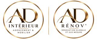 Deux logos circulaires avec texte en français : 'AD Intérieur' à gauche et 'AD Rénov' à droite, avec des couleurs dorées et noires sur fond noir.