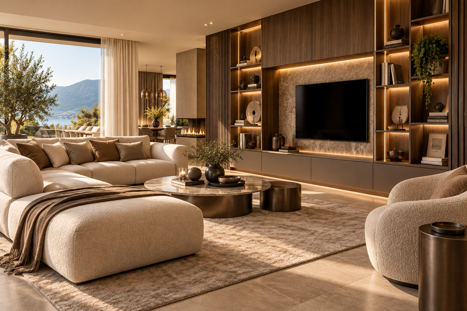 Salon moderne avec canapé beige, table basse ronde en marbre, étagère en bois avec télévision, décoration élégante, vue sur la nature à travers de grandes fenêtres